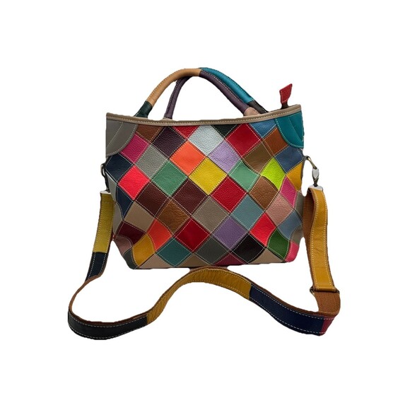 Heshe Handbag Patchwork Leather Satchel Shoulder Bag Multicolor Colorful Purse - Picture 1 of 12
